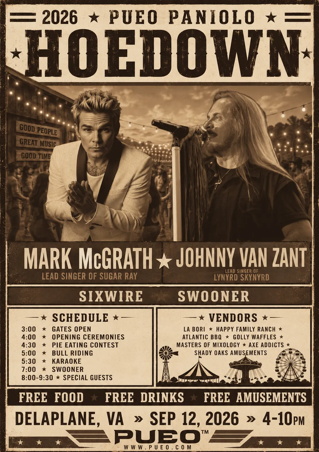 2026 Pueo Paniolo Hoedown poster: Mark McGrath, lead singer of Sugar Ray, and Johnny Van Zant, lead singer of Lynyrd Skynyrd, with Sixwire and Swooner; full schedule and vendors; Delaplane, Virginia, September 12, 2026, 4-10pm